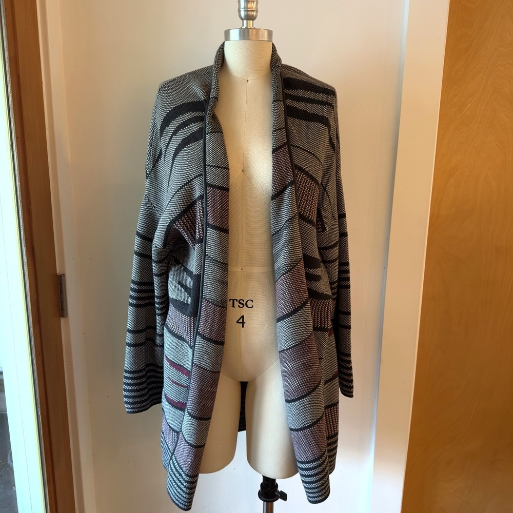 Margaret O'Leary Aztec Knit 100% Cotton Duster Cardigan-Leather Trim-Size Small